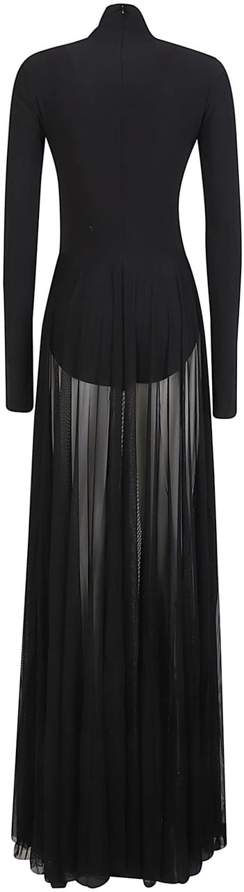 Norma Kamali Long Sleeve Turtle Neck Flares Whit Bodysuit Long Dress Black Zwart