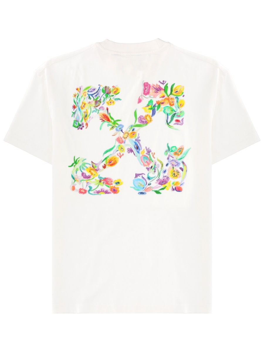 OFF-WHITE Crew Neck Cotton Floral Back T-Shirt Wit