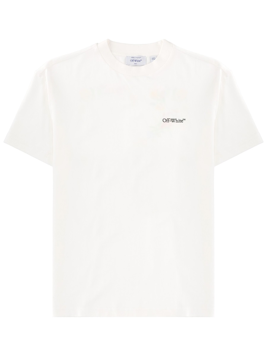 OFF-WHITE Crew Neck Cotton Floral Back T-Shirt Wit