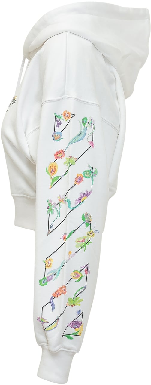OFF-WHITE Felpa Crop con Cappuccio e Stampa Floreale Wit