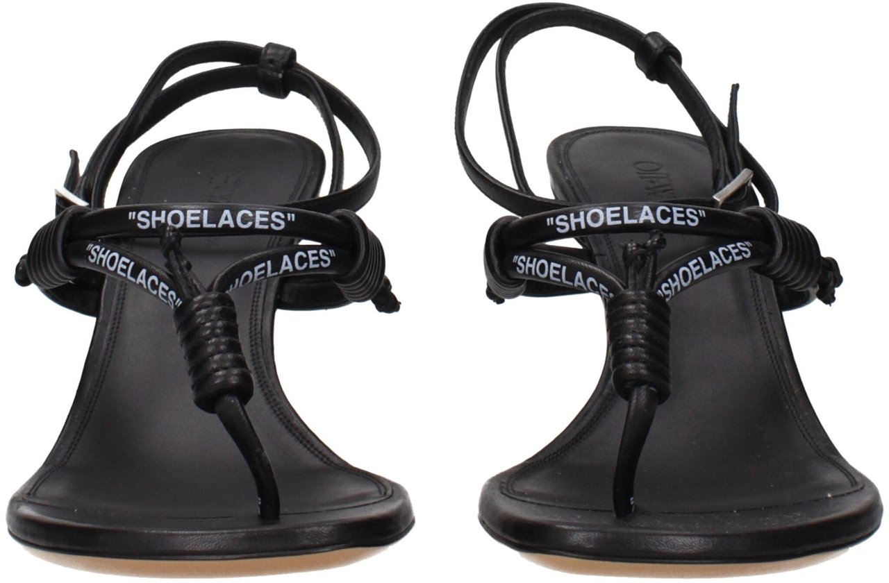 Off-White Black Leather Flip-Flop Sandals Zwart