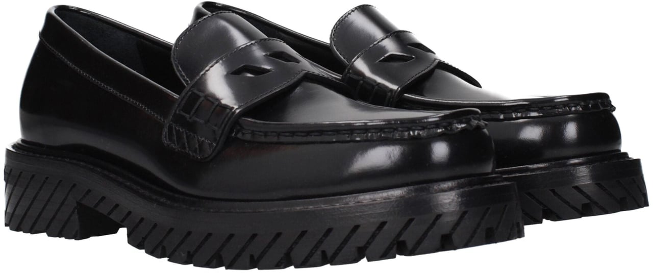 Off-White Black Leather Slip-On Loafers Zwart