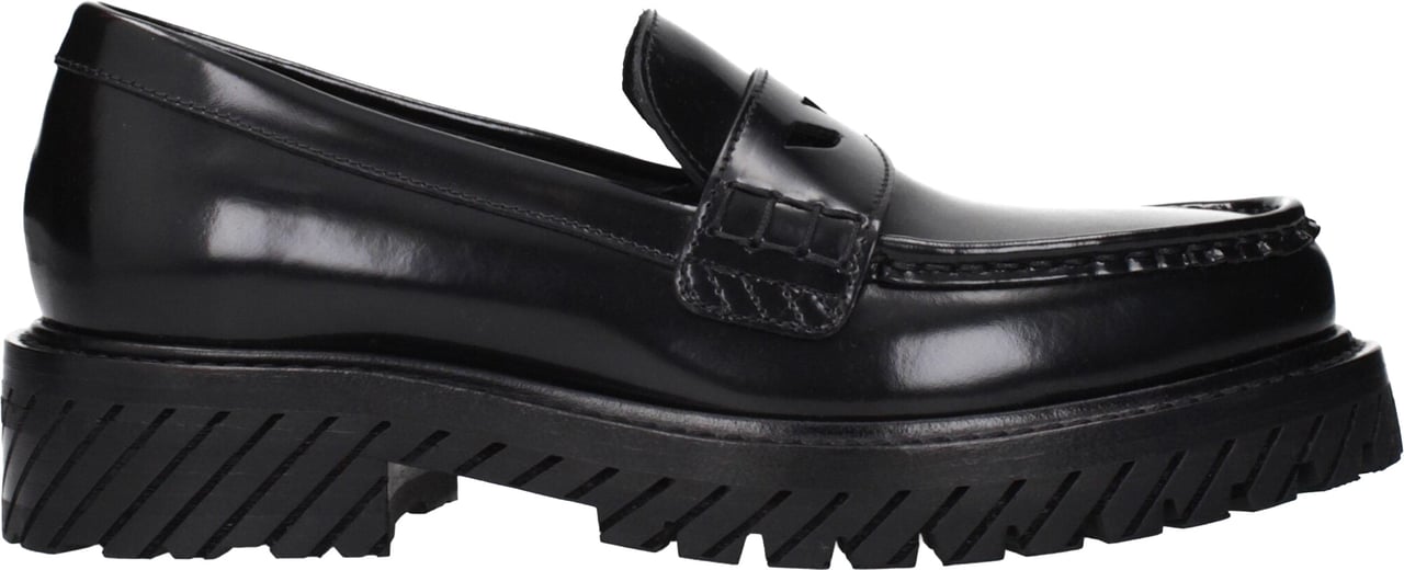 Off-White Black Leather Slip-On Loafers Zwart
