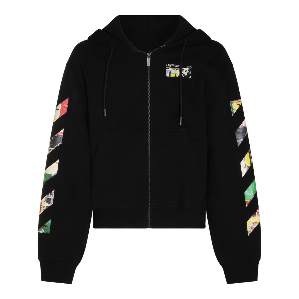 OFF-WHITE Black Zip-Up Hoodie with Colorful Graphic Prints Zwart