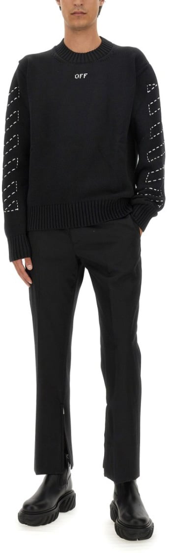 OFF-WHITE Slim-Fit Black Virgin Wool Pants With Tailored Silhouette Zwart