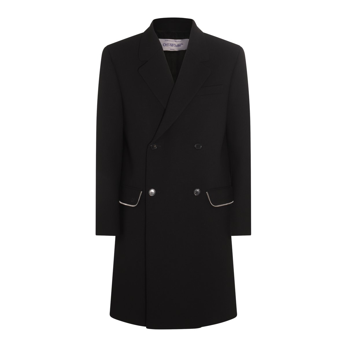OFF-WHITE Double-Breasted Black Wool Coat With Structured Silhouette Zwart
