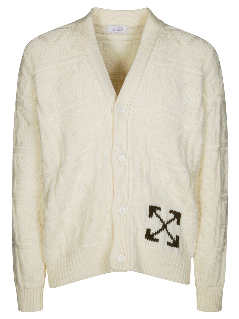 OFF-WHITE Textured Knitted Cardigan with V-Neck and Arrow Motif Grijs