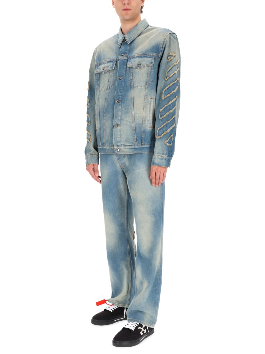 OFF-WHITE Raw Patch Distressed Denim Jacket Blauw