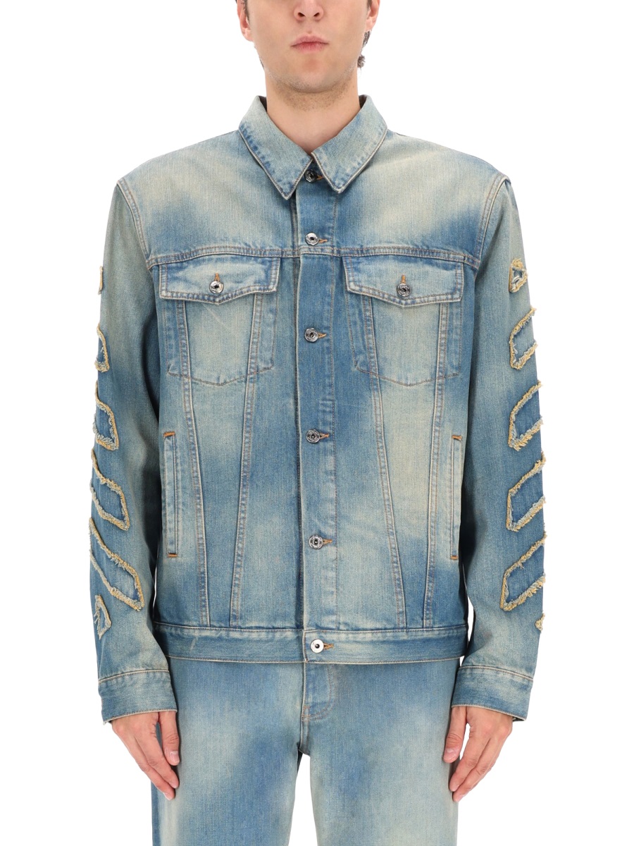 OFF-WHITE Raw Patch Distressed Denim Jacket Blauw