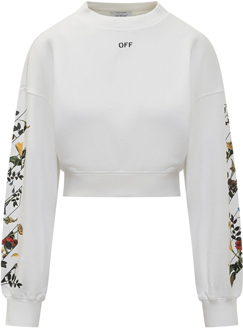 OFF-WHITE Off-White Felpa Bianca Crop con Dettagli Floreali Wit