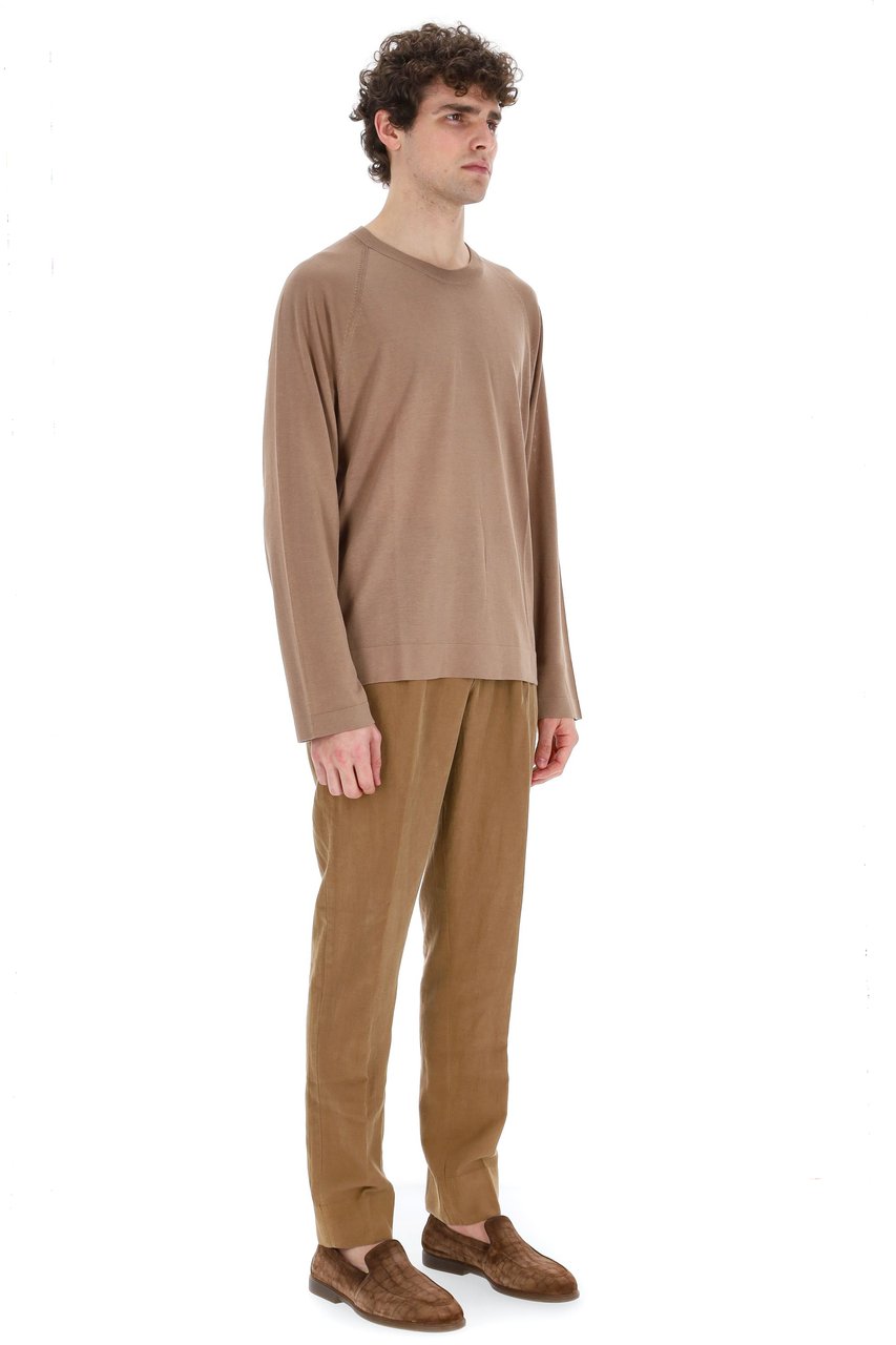 Officine Generale Lyocell-Cotton-Silk Crewneck Sweater Bruin