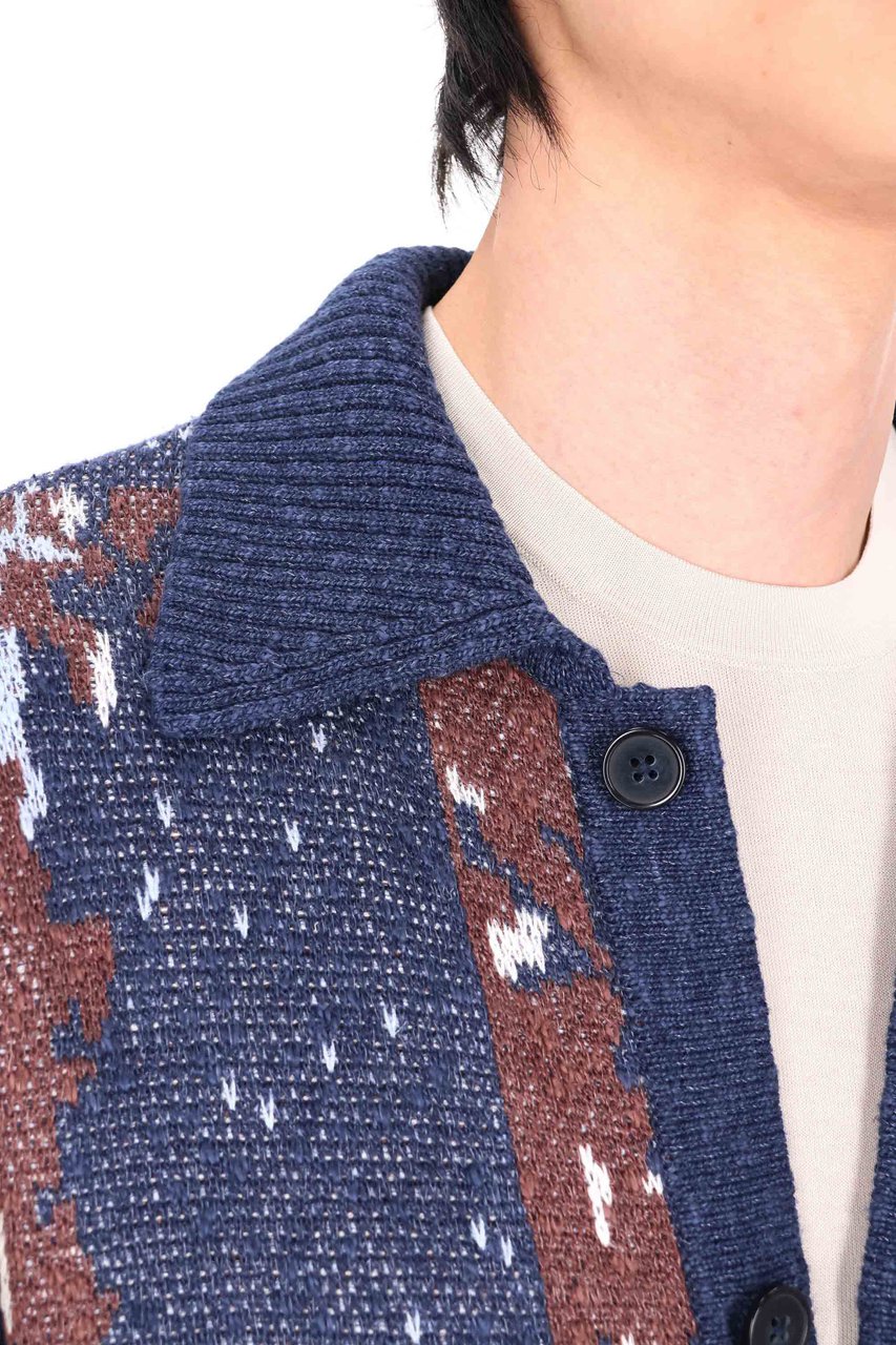 Officine Generale Terry Jacquard Linen-Blend Multicolored Cardigan Grijs