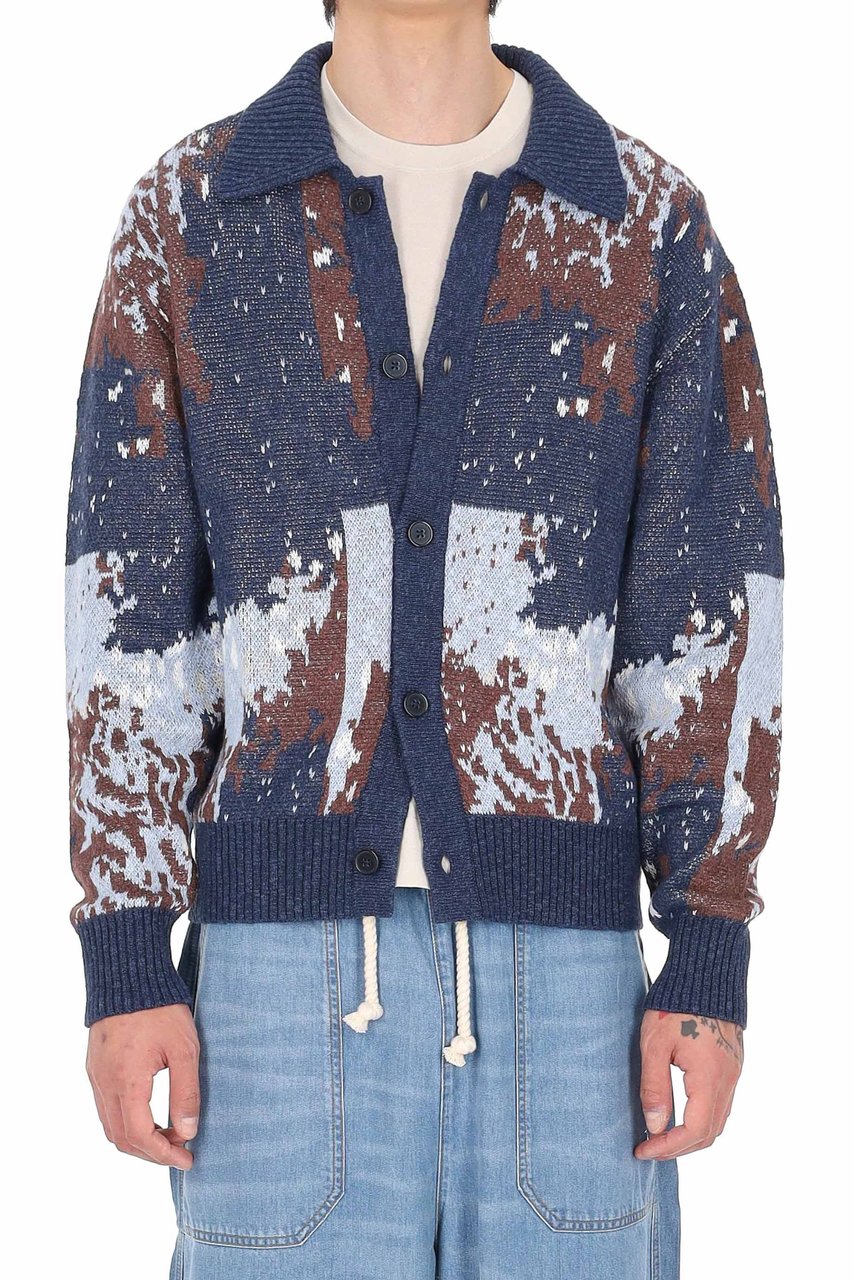 Officine Generale Terry Jacquard Linen-Blend Multicolored Cardigan Grijs