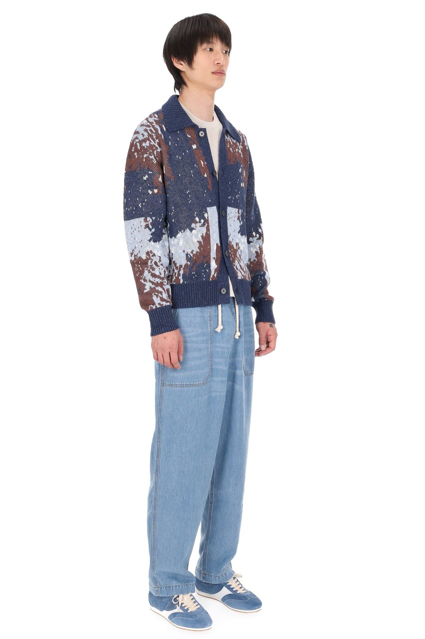 Officine Generale Terry Jacquard Linen-Blend Multicolored Cardigan Grijs