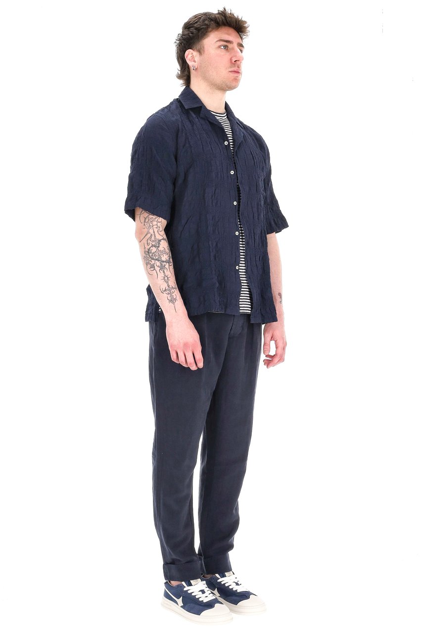 Officine Generale Textured Cotton Short Sleeve Shirt Zwart