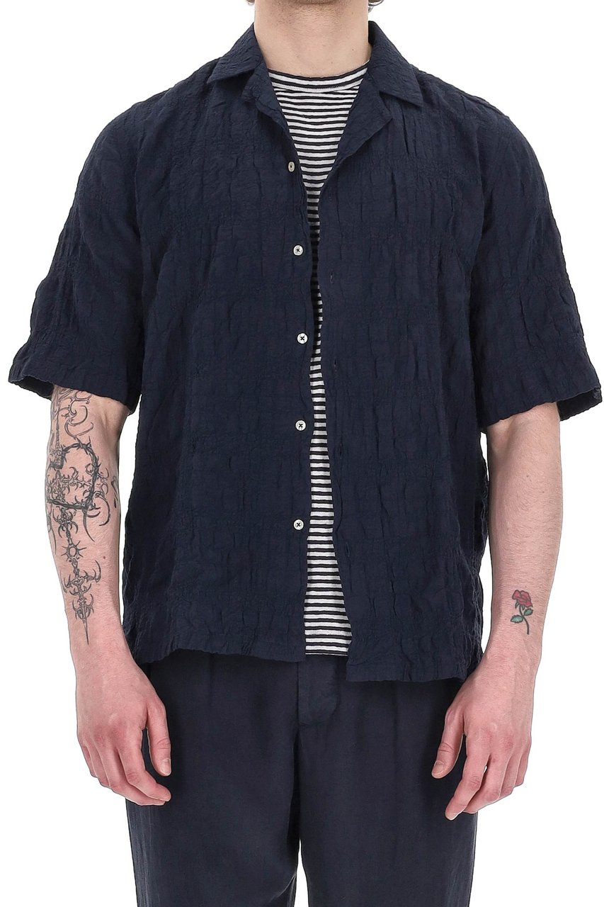 Officine Generale Textured Cotton Short Sleeve Shirt Zwart