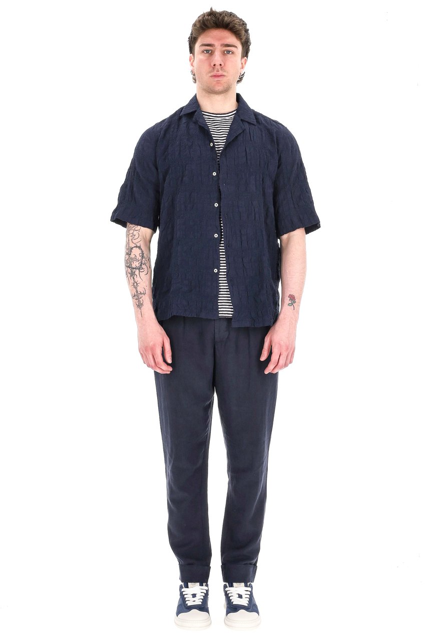 Officine Generale Textured Cotton Short Sleeve Shirt Zwart