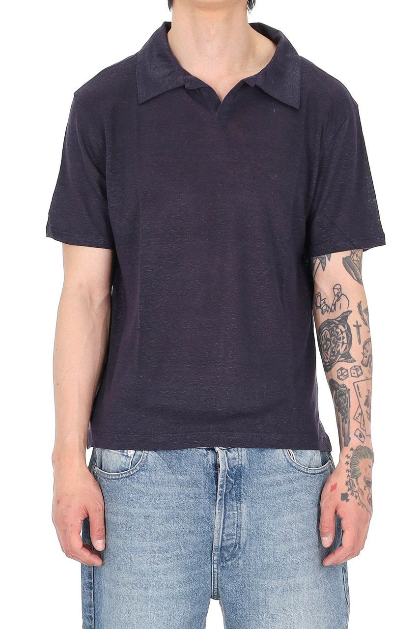 Officine Generale Simon Garment-Dyed Linen Open Collar Polo Shirt Blauw