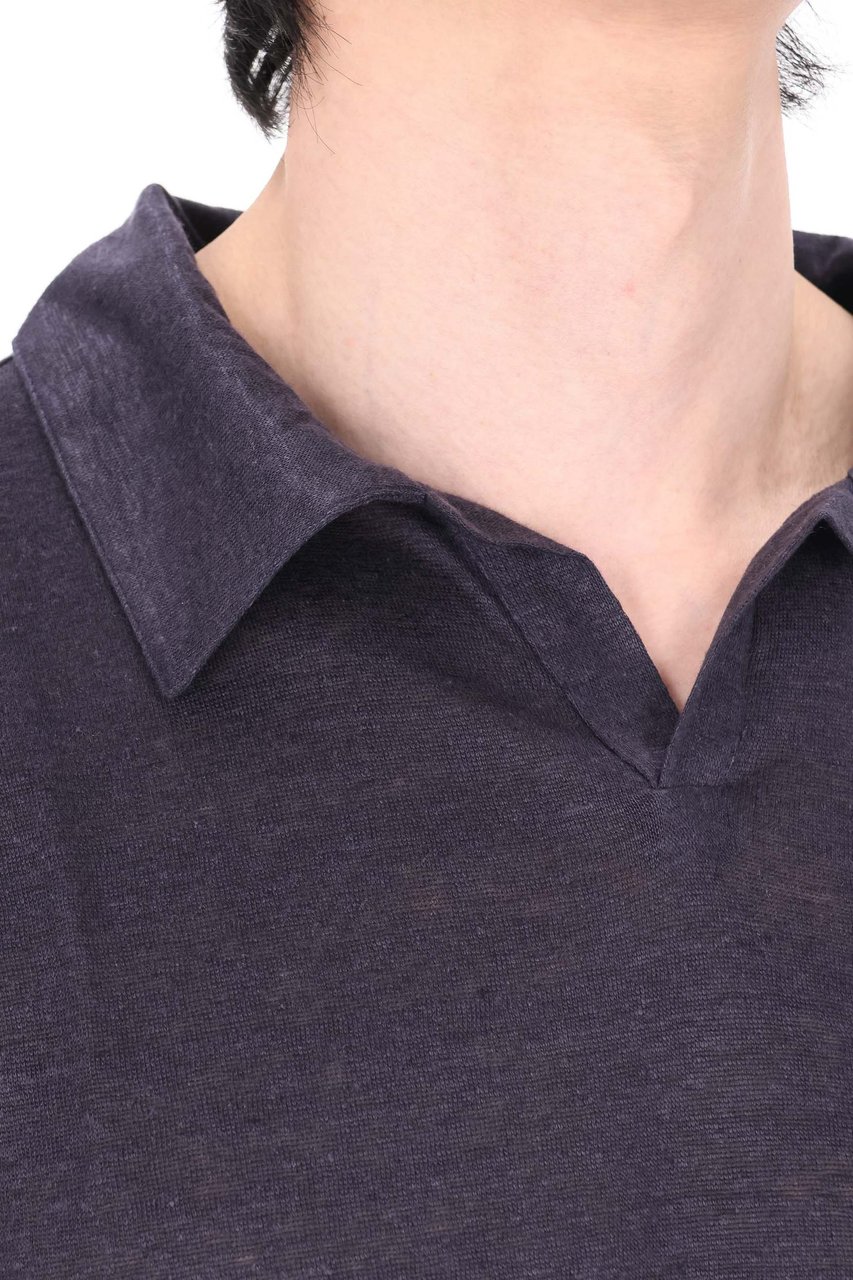 Officine Generale Simon Garment-Dyed Linen Open Collar Polo Shirt Blauw