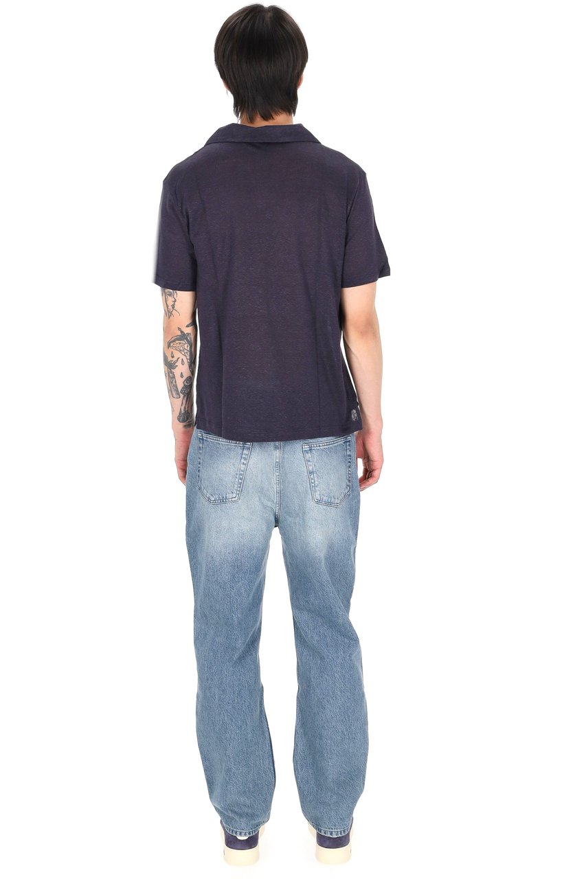 Officine Generale Simon Garment-Dyed Linen Open Collar Polo Shirt Blauw
