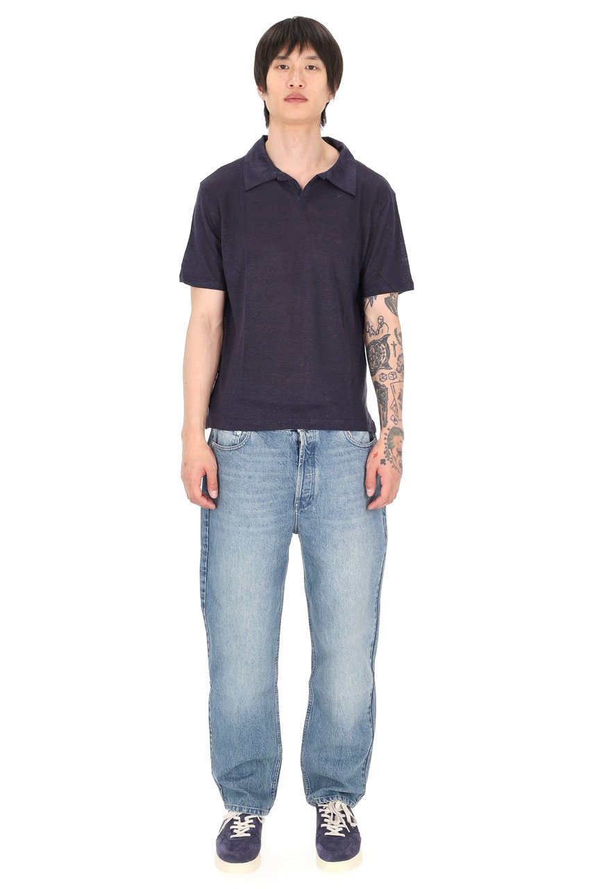 Officine Generale Simon Garment-Dyed Linen Open Collar Polo Shirt Blauw
