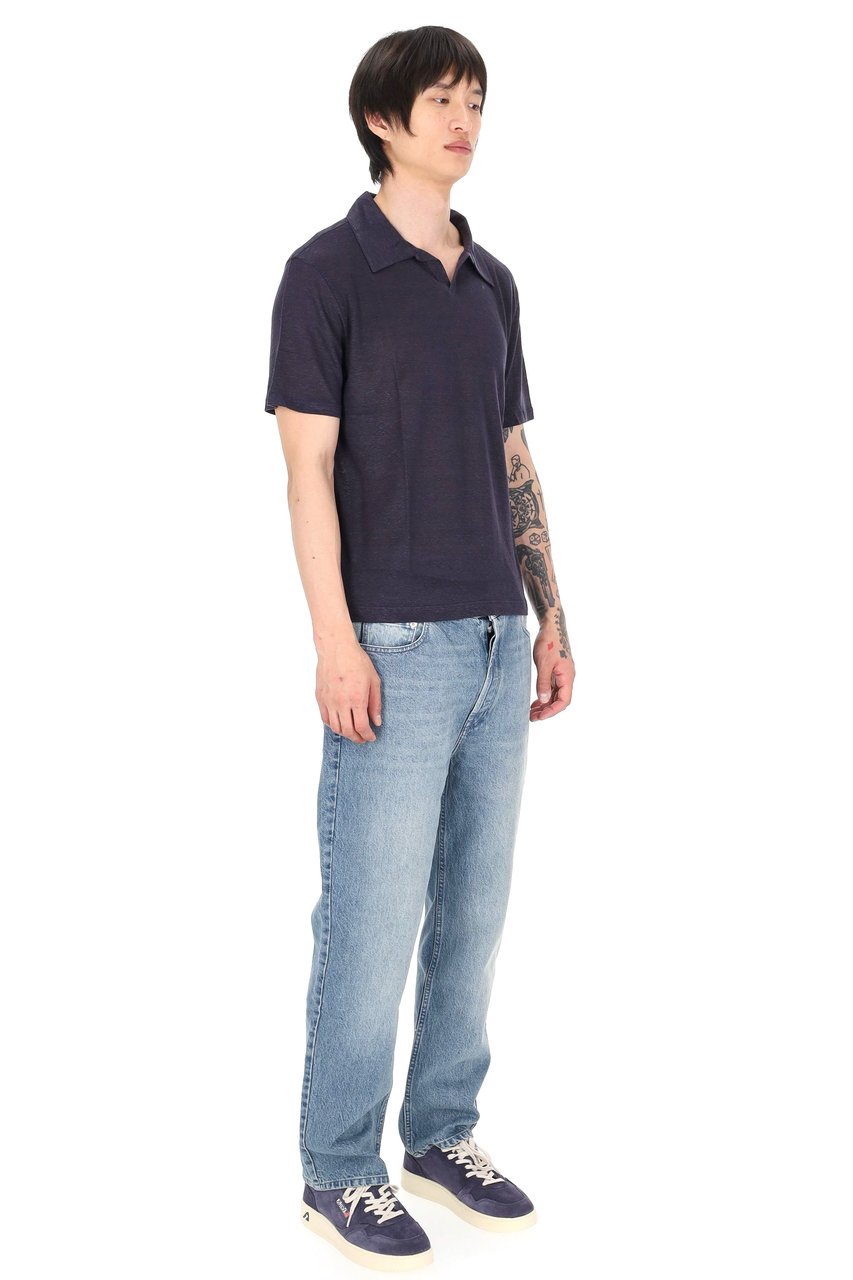 Officine Generale Simon Garment-Dyed Linen Open Collar Polo Shirt Blauw