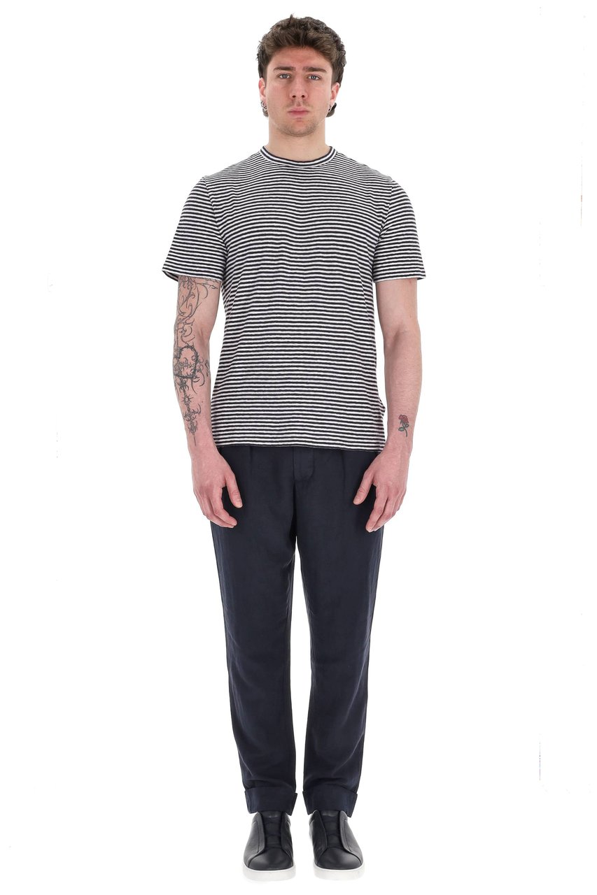 Officine Generale Horizontal Stripe Cotton-Linen T-Shirt Grijs