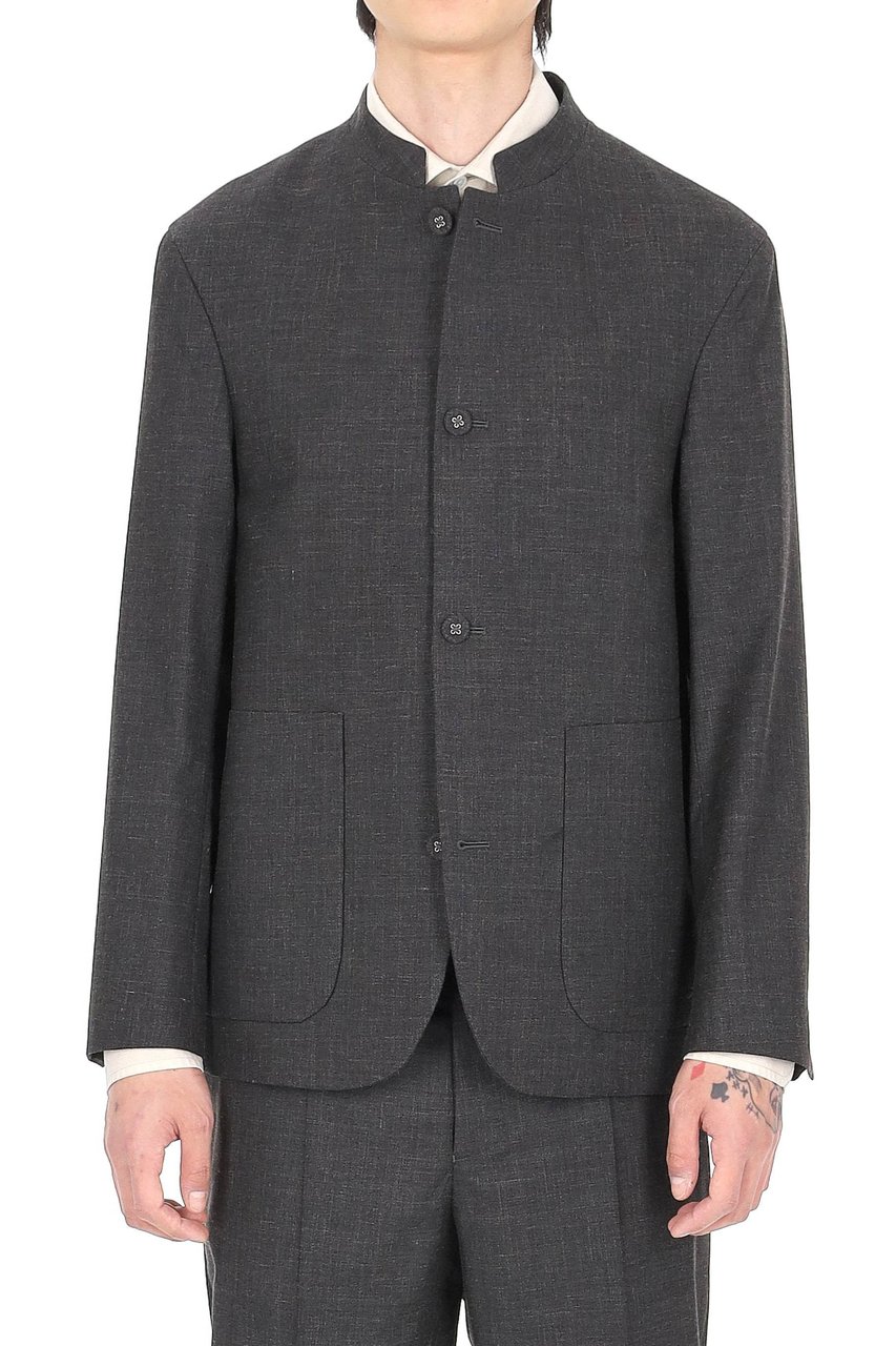 Officine Generale Meryl Wool-Silk-Linen Band Collar Jacket Grijs