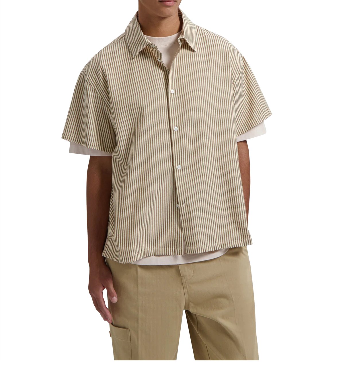 ØLÅF ØlÅf Boxy Seersucker Stripe Shirt Ss Korte Mouw Overhemden Camel M200303 Beige