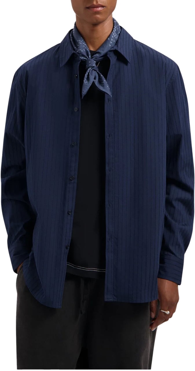 ØLÅF Olaf Stitched Striped Relaxed Shirt Lange Mouw Overhemden Donkerblauw M230301 Blauw