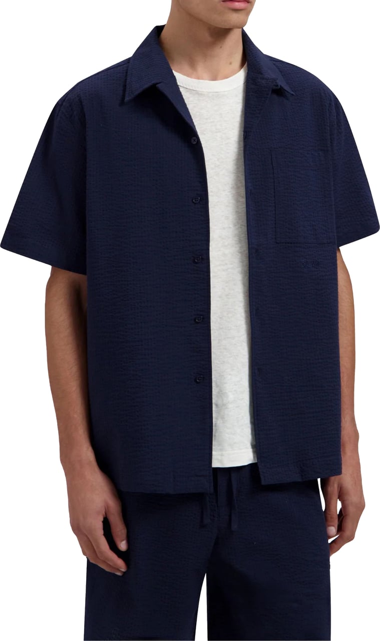ØLÅF Olaf Seersucker Camp Shirts Korte Mouw Overhemden Donkerblauw M250300 Blauw