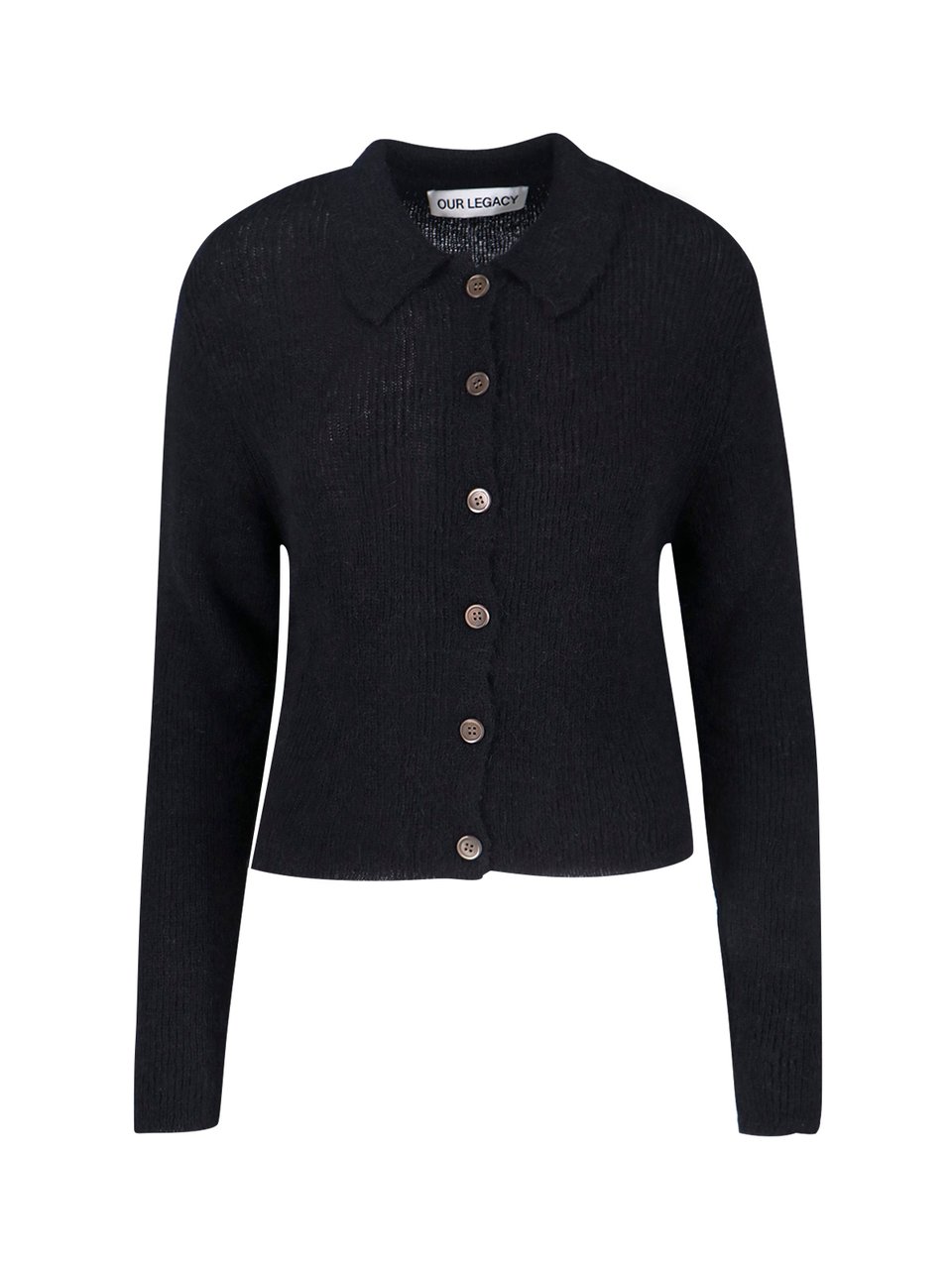 Our Legacy Cropped Ribbed Knit Cardigan with Classic Collar Zwart