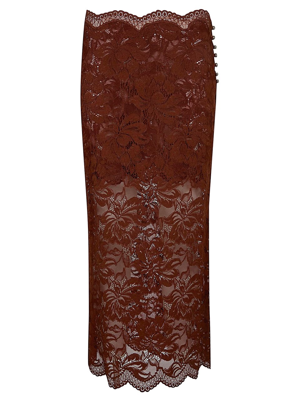 Paco Rabanne Brown Floral Lace Midi Skirt with Scalloped Hem Bruin