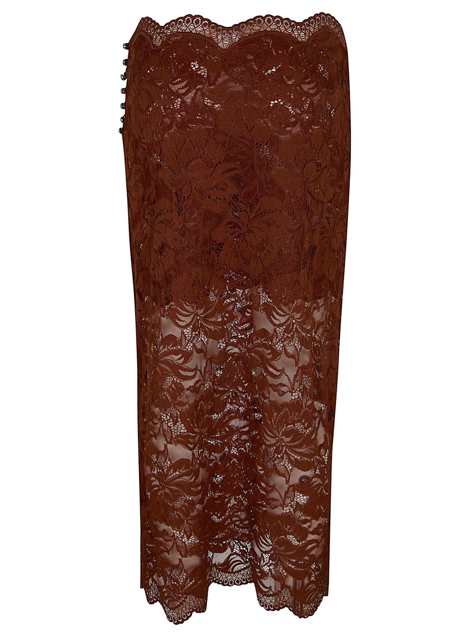 Paco Rabanne Brown Floral Lace Midi Skirt with Scalloped Hem Bruin