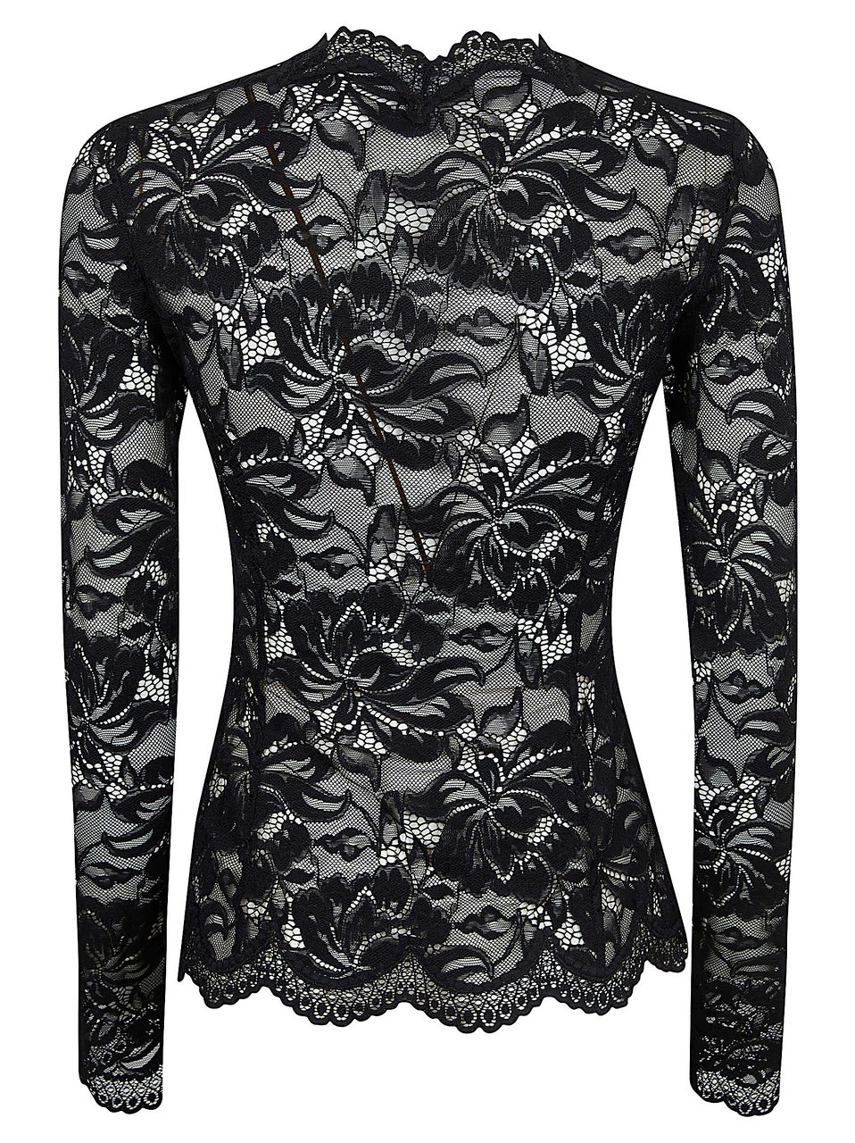 Paco Rabanne Long-Sleeved V-Neck Top with Scalloped Lace Edges Zwart