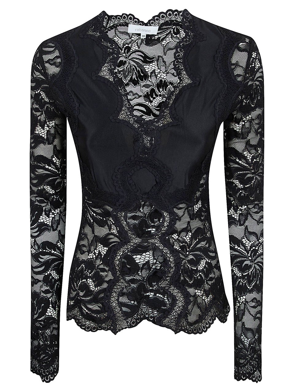 Paco Rabanne Long-Sleeved V-Neck Top with Scalloped Lace Edges Zwart