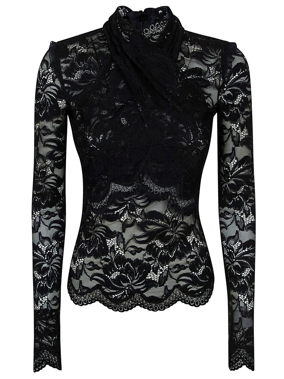 Paco Rabanne Intricate Black Lace Long-Sleeved Top with Scalloped Detailing Zwart