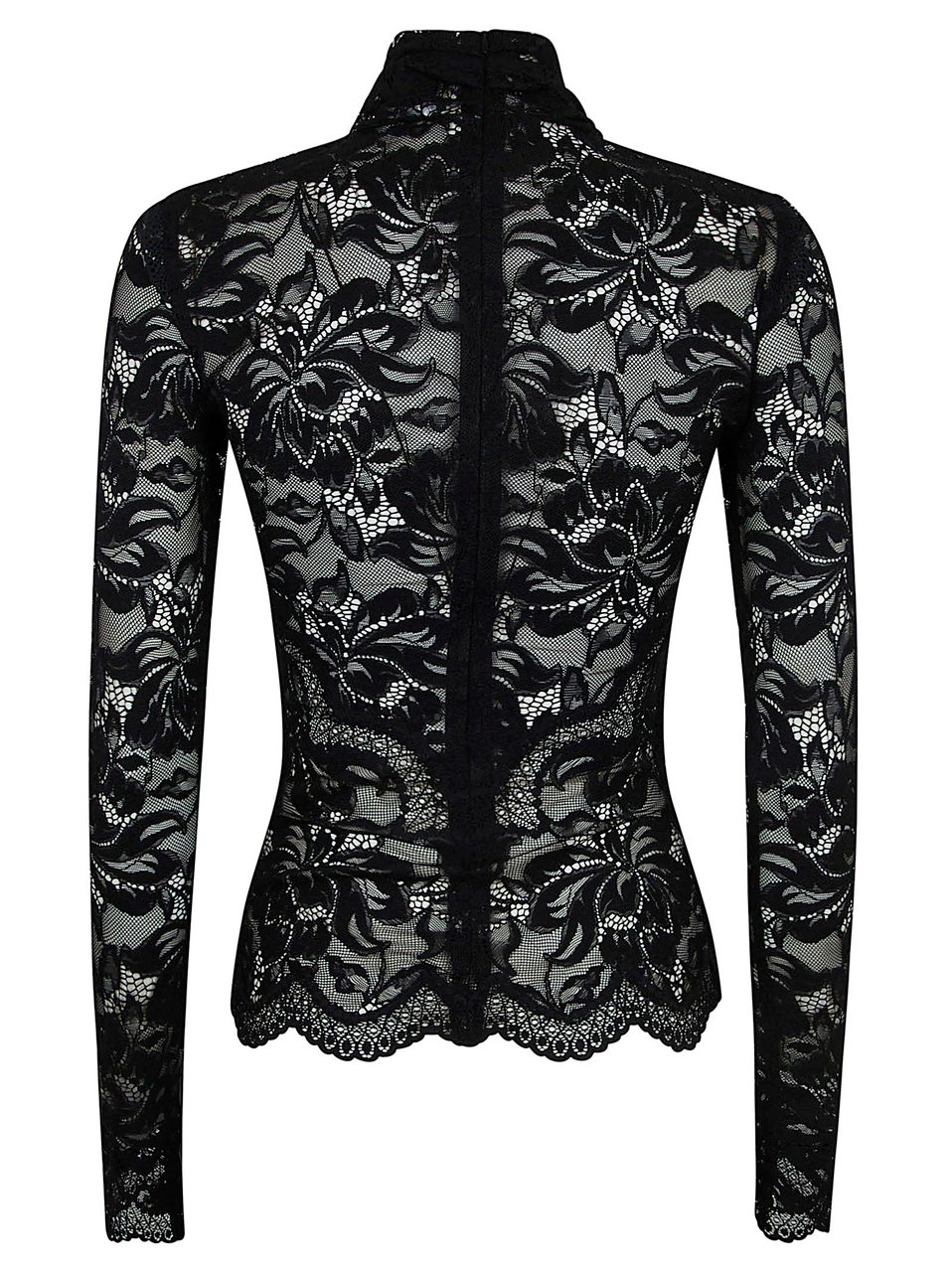 Paco Rabanne Intricate Black Lace Long-Sleeved Top with Scalloped Detailing Zwart