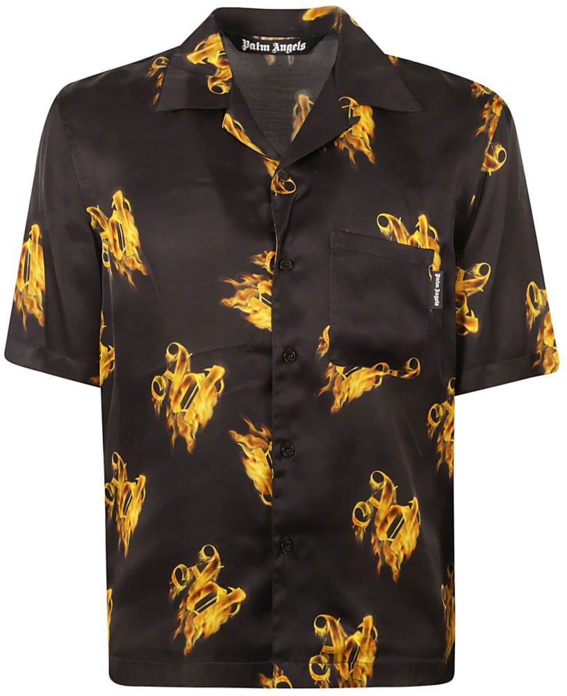 Palm Angels Short-Sleeved Shirt With Flame Motifs Zwart