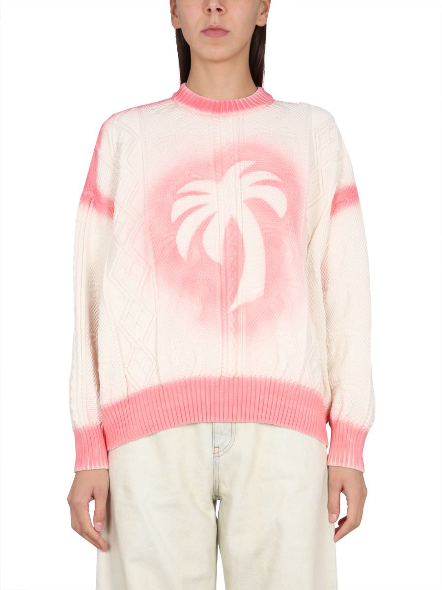Palm Angels PATENT LEATHER EFFECT PALM SWEATER Wit