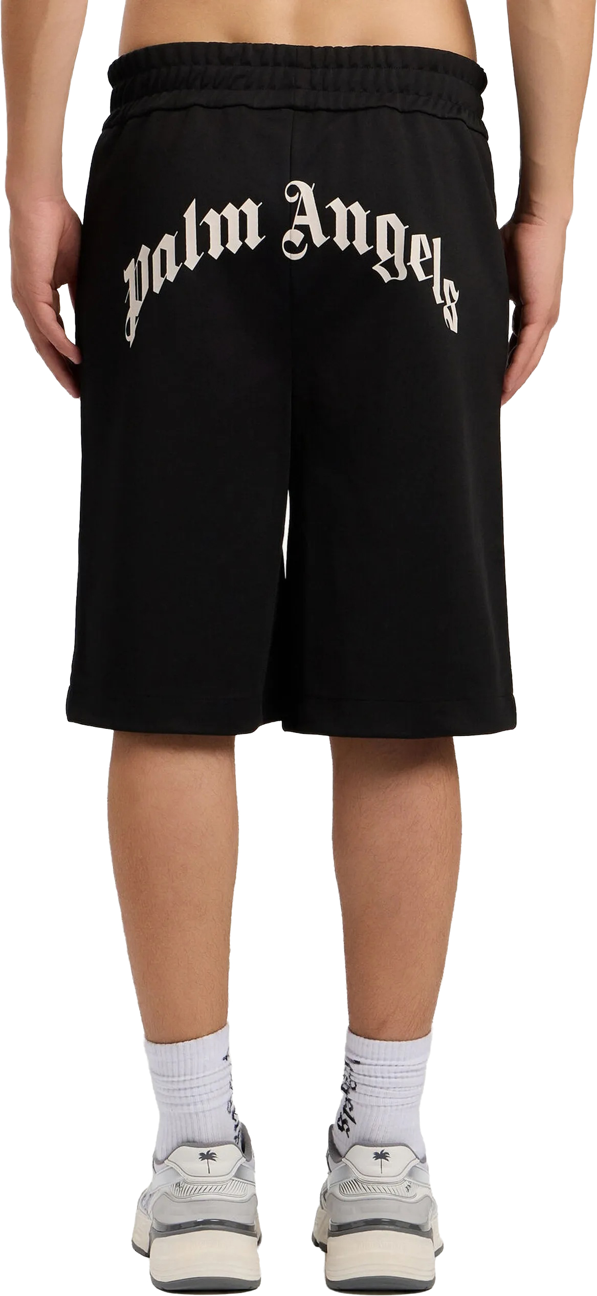 Palm Angels Mid-Length Black Track Shorts With Curved Logo Print Zwart