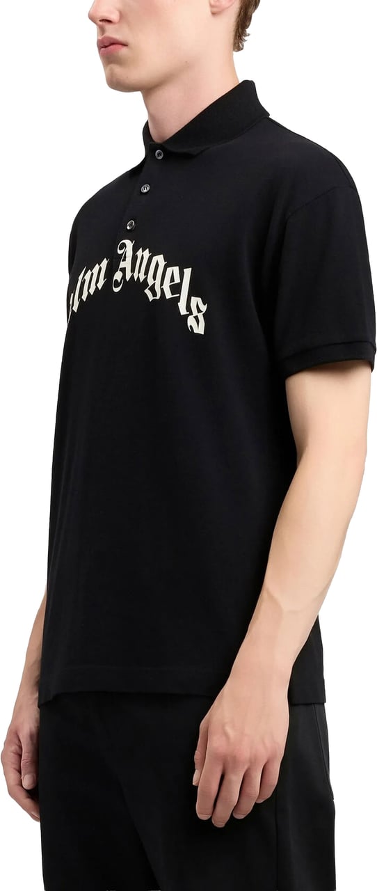 Palm Angels Black Curved Logo Polo Cotton Shirt Zwart