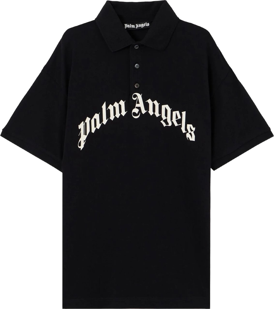 Palm Angels Black Curved Logo Polo Cotton Shirt Zwart