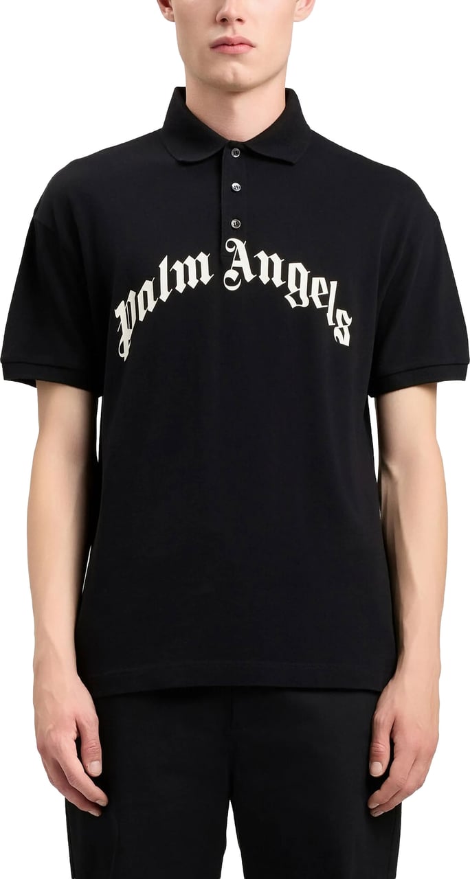 Palm Angels Black Curved Logo Polo Cotton Shirt Zwart