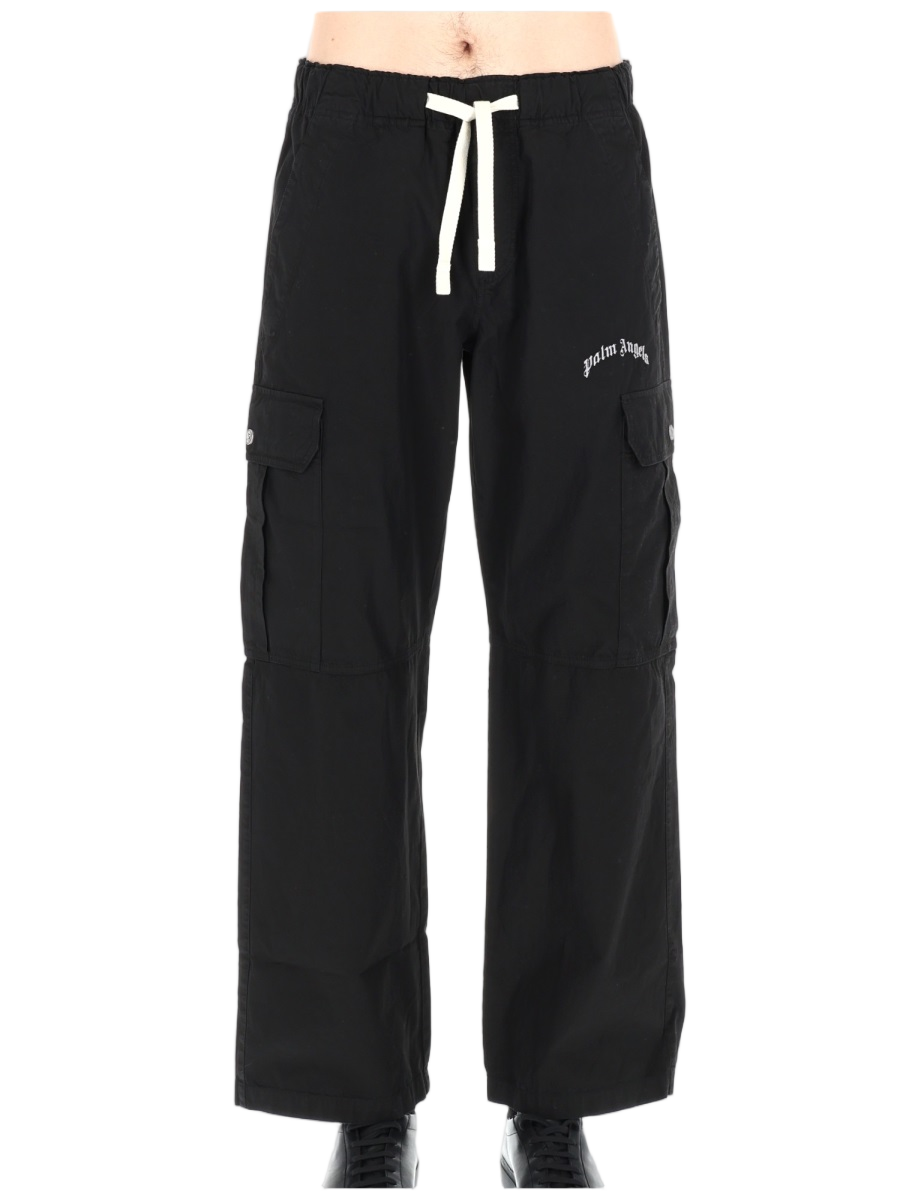 Palm Angels Curved Logo Cotton Cargo Wide-Leg Pants Zwart
