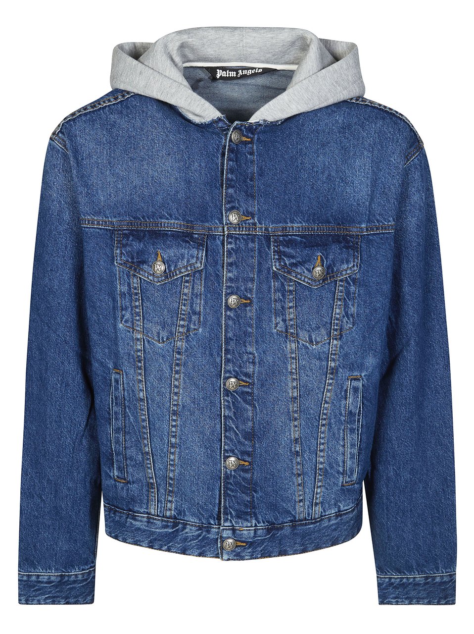 Palm Angels Blue Curved Logo Hooded Denim Jacket Blauw