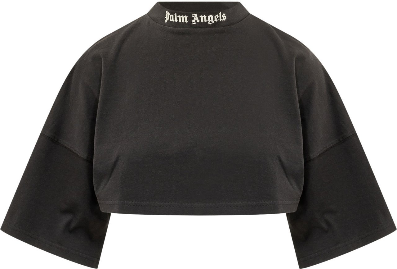 Palm Angels T-shirt Cropped con Logo su Collo Zwart
