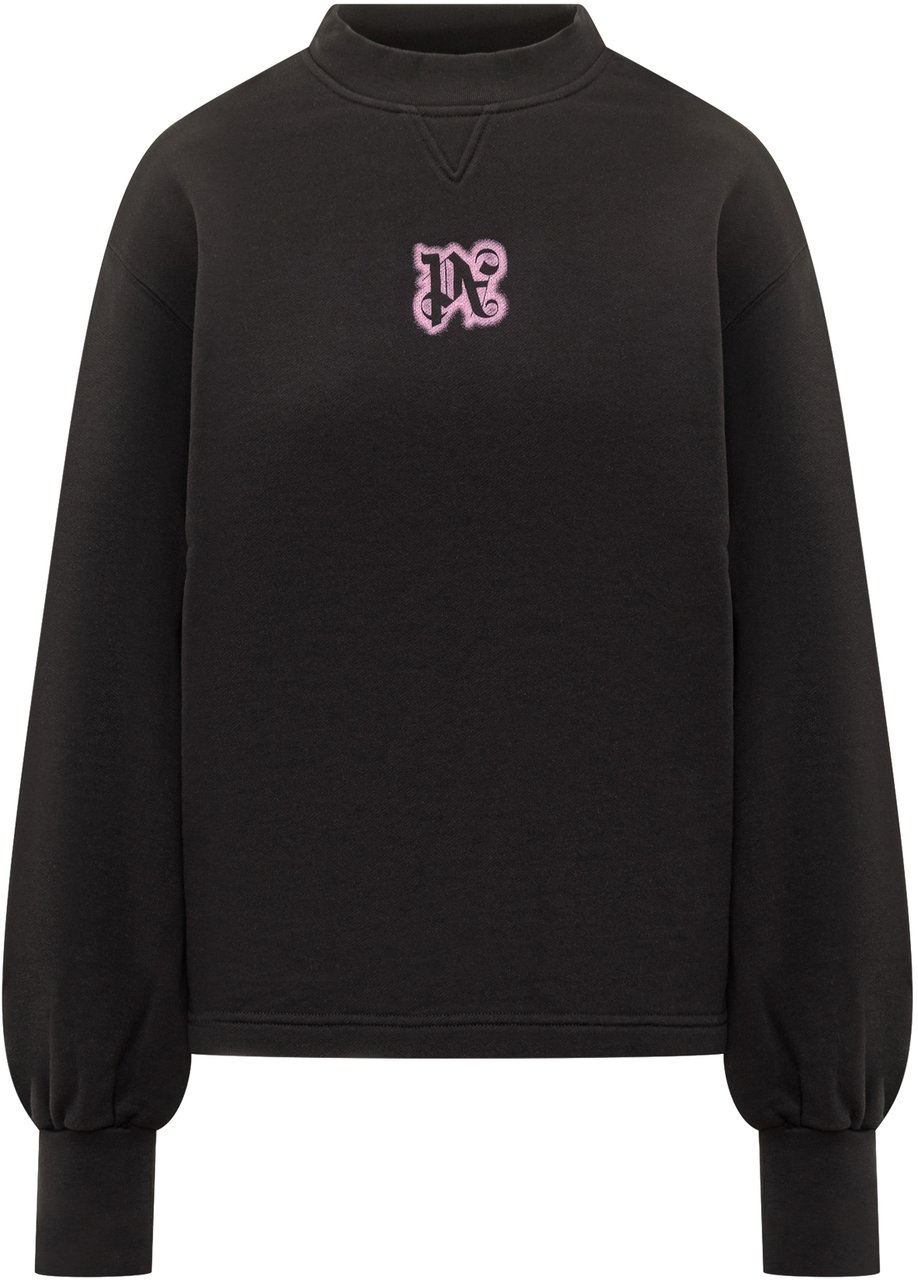 Palm Angels Palm Angels Felpa Nera con Logo Rosa Ricamato Zwart