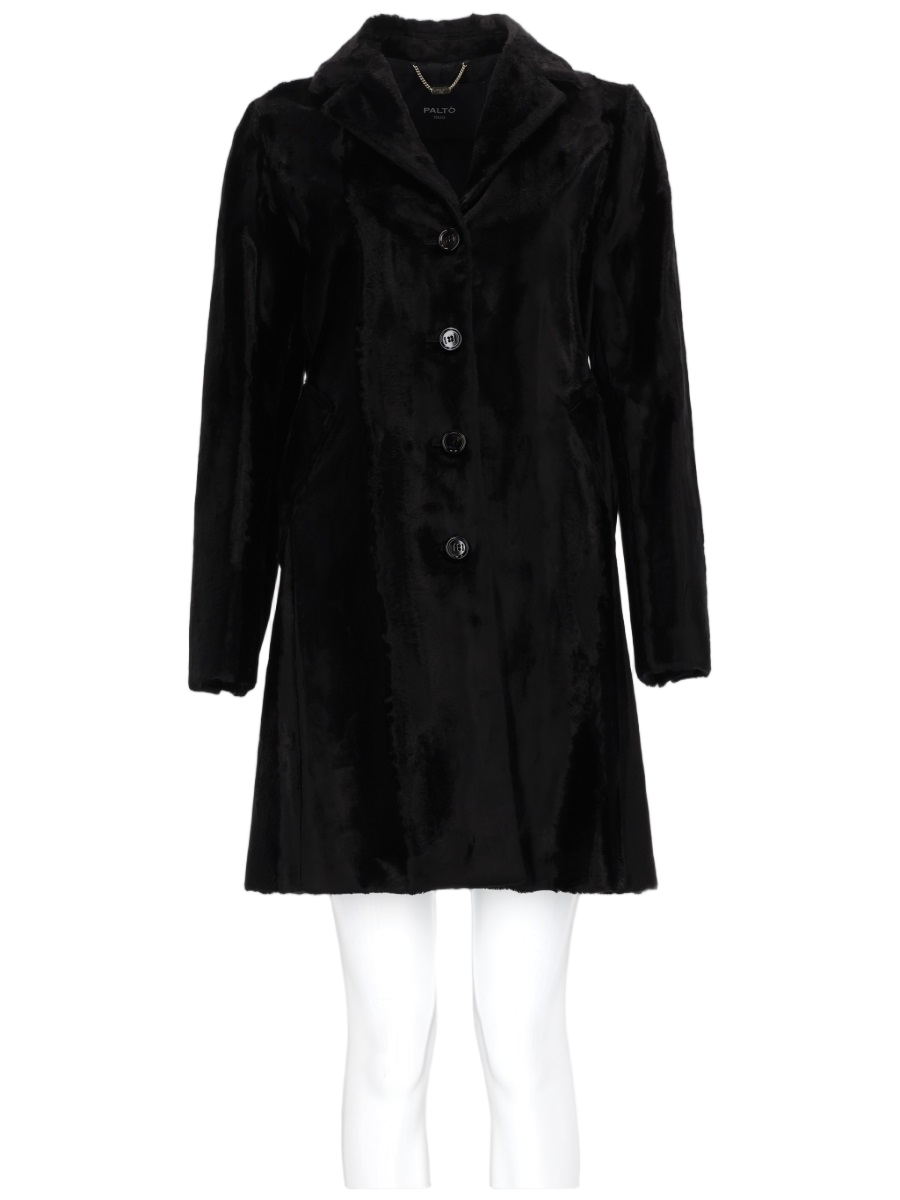 Palto Tailored Black Coat with Classic Collar and Button Details Zwart