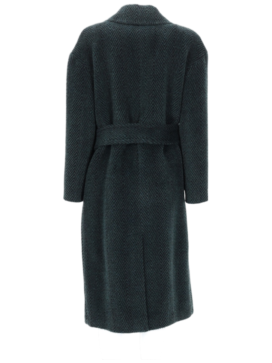 Palto Textured Herringbone Coat with Wide Lapel and Cinched Waist Zwart